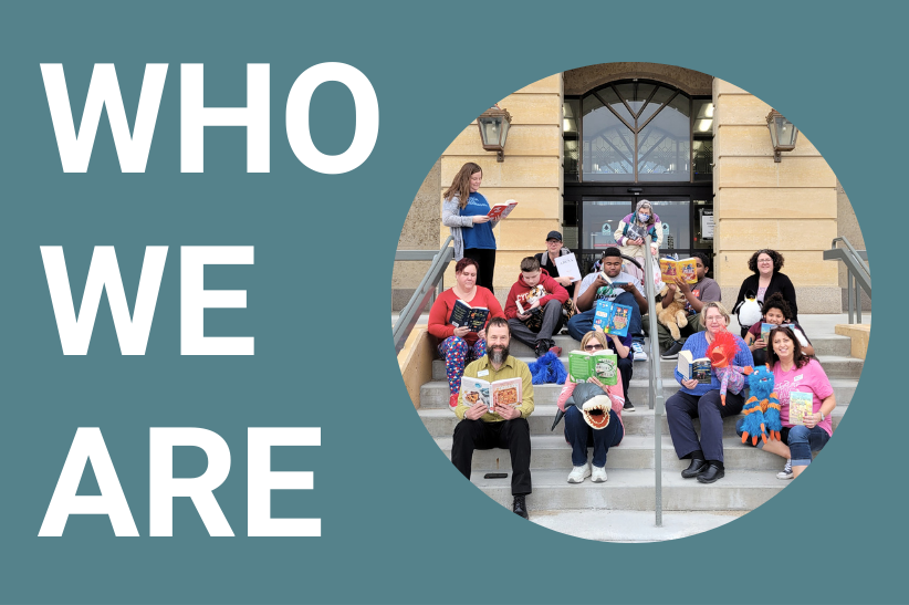 Decorative image with text that reads "who we are" next to a photo of library employees and patrons sitting on the front steps of the library. 