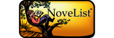 NoveList logo, woman reading book in tree with yellow background. 