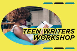 A person is writing in a notebook while sitting on a blue couch. The text "TEEN WRITER'S WORKSHOP" is overlaid on the image.