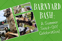 Barnyard Bash: A Summer Send-Off Celebration! A collage features Alpacas and goats at a petting zoo.