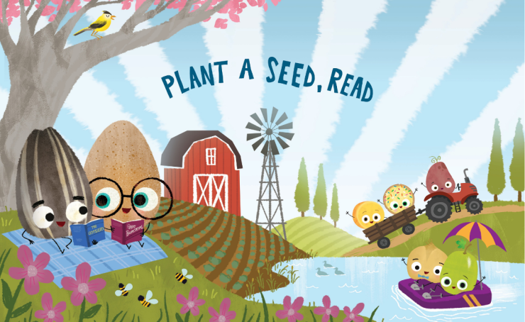 A whimsical farm scene with anthropomorphic seeds reading books on a picnic blanket. The text "PLANT A SEED, READ" is displayed in the sky.